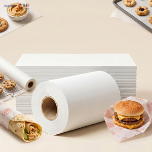 Rouleaux et feuilles de papier sulfuris&eacute; de taille personnalis&eacute;e utilis&eacute;s pour l'emballage de la restauration rapide et des hamburgers.
